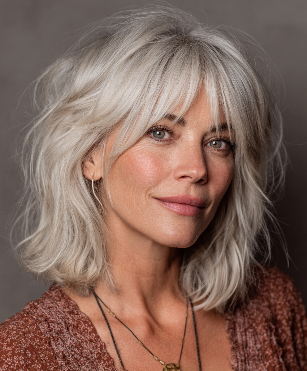 Curtain Bangs Aged 60 Shag Shoulder Length Haircuts