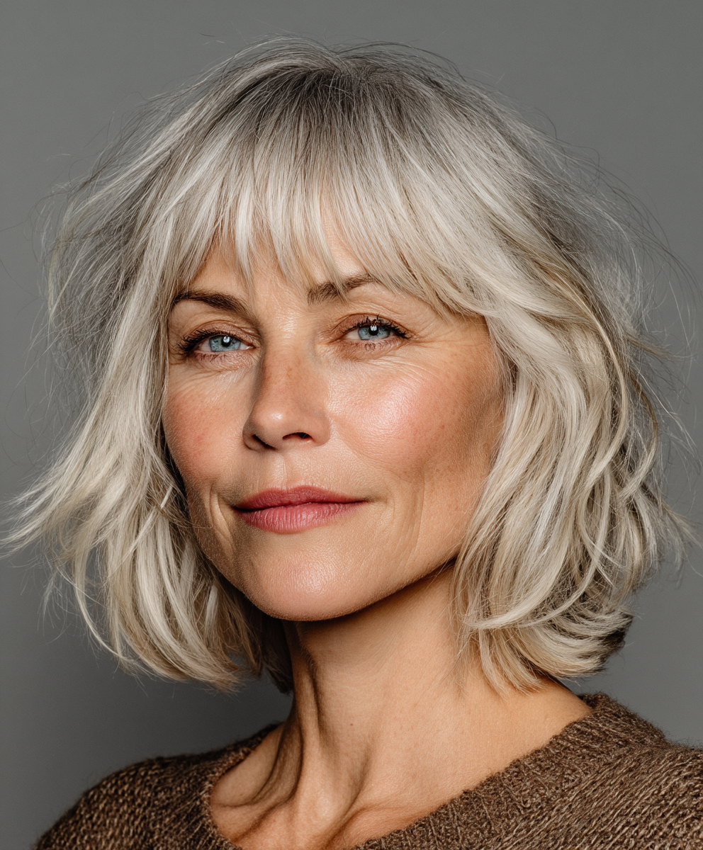 60 Year Old Hairstyles Graced With Wispy Bangs and Medium Lengths