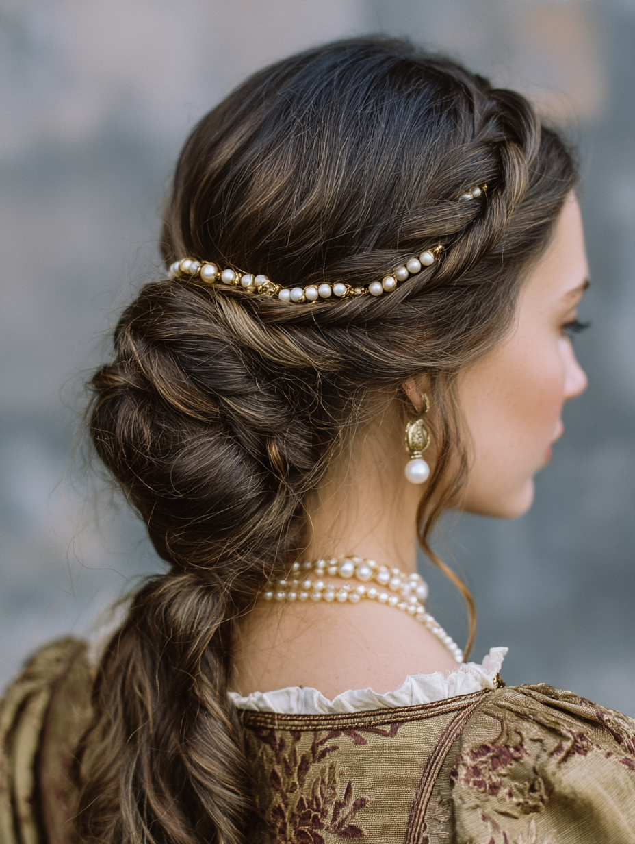 Renaissance Hairstyles Easy: The Braided Low Bun with Pearl Accents
