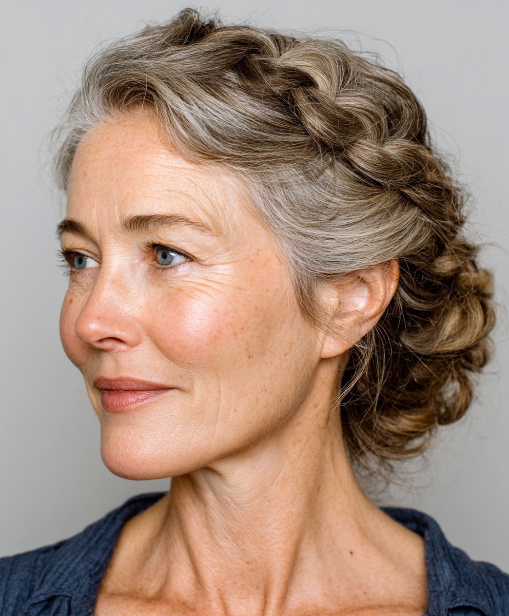 The Braided Updo With Face Framing Pieces is An Ideal 60-Year-Old Hairstyle