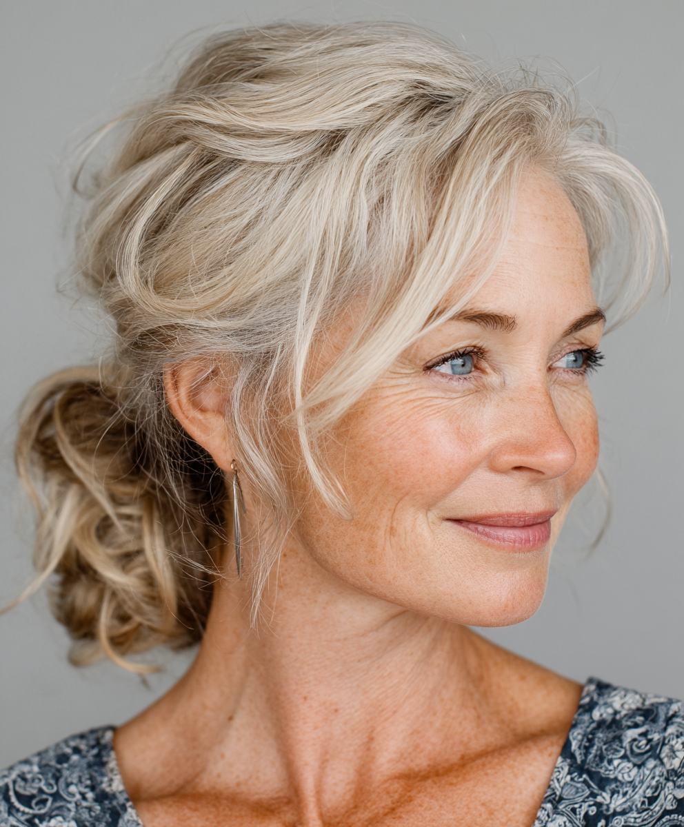 Low ponytail with face-framing layers for 60-year-olds hairstyles